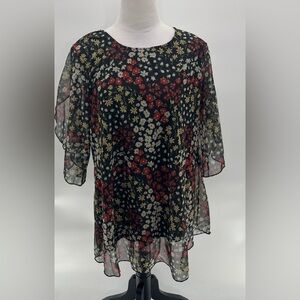 Black Floral Print Top | Sheer with Liner | Size XL | Ruffled Sleeves | NWOT
